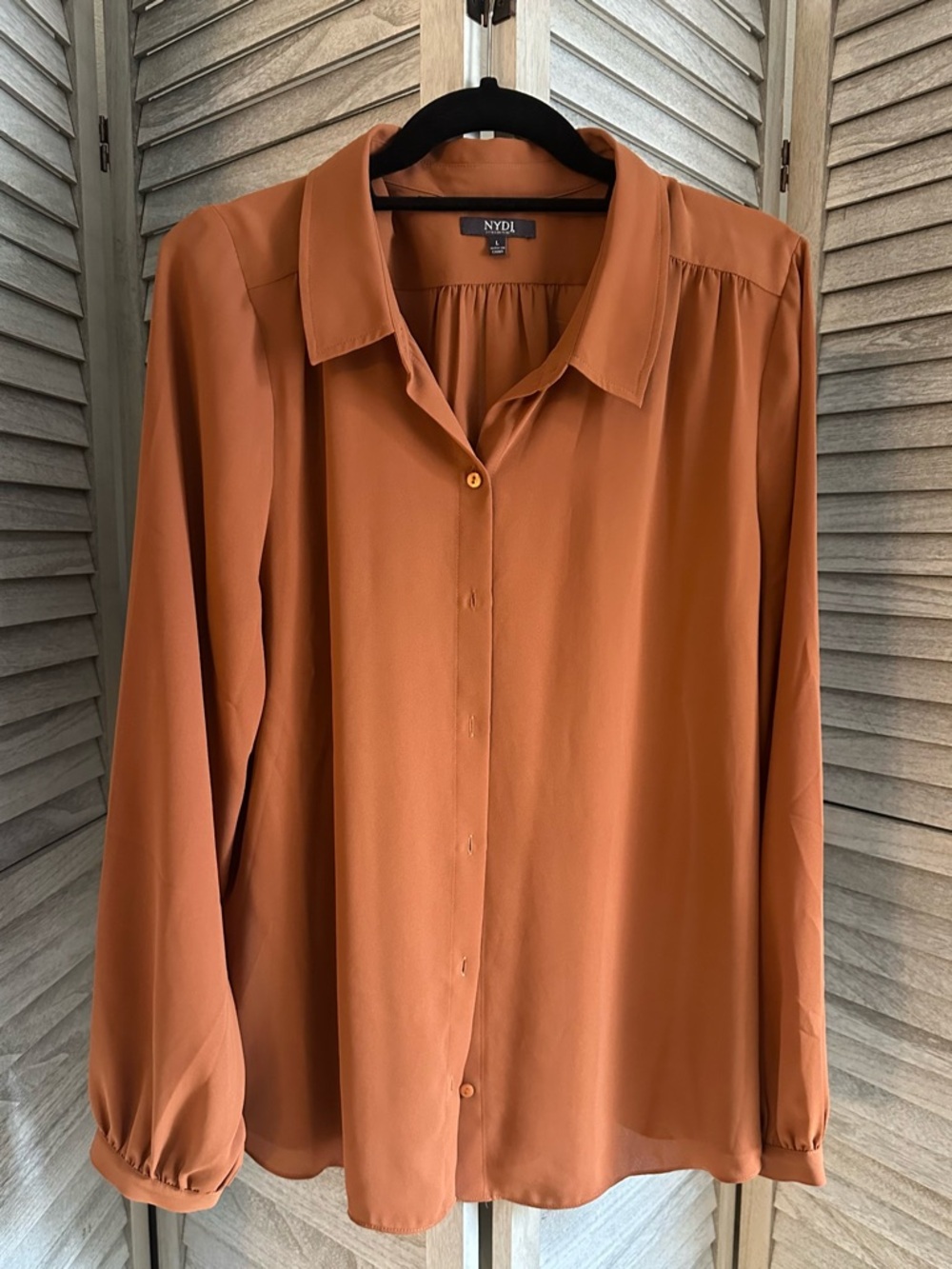 NYDJ Button-Front Long Sleeve Blouse in Rust Orange